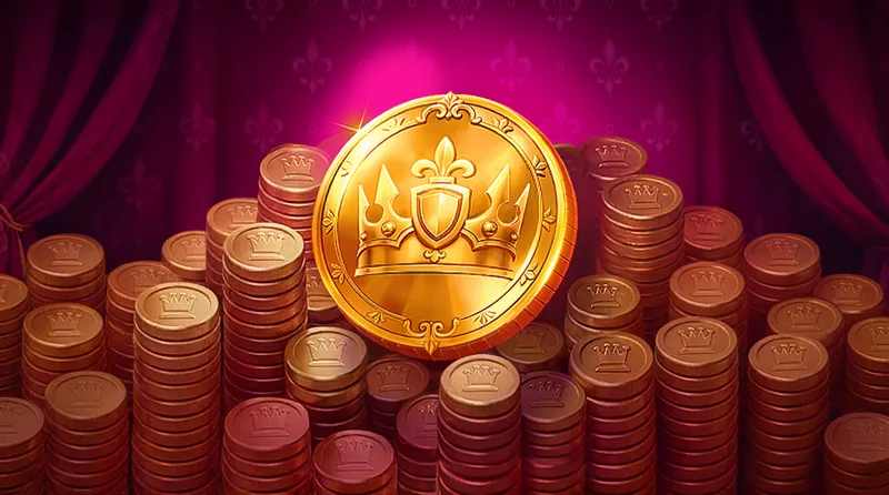 幸運金幣:刻著皇冠的大金幣立在金幣山上,背景是紫紅色宮廷布幕