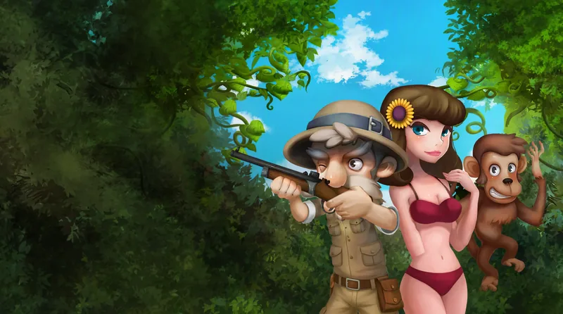 野蠻遊戲:戴探險帽的獵人舉槍瞄準,旁邊是頭戴向日葵的叢林女郎和一隻咧嘴的猴子