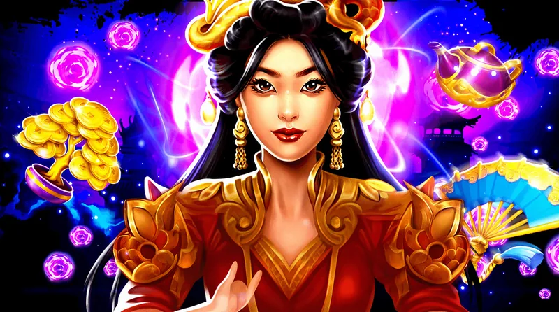 天宮聖女:黑髮戴金色頭飾的仙女,身後是紫色夜空和粉紅色光球