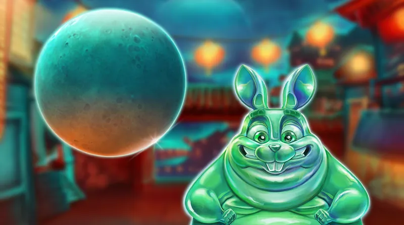 月兔:翡翠色的胖玉兔坐在紅燈籠夜街前,左邊是一顆大月亮