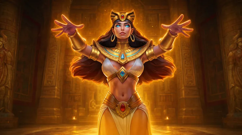 戰神賽特2:戴紅寶石金冠的女神奈芙蒂絲張開雙手,全身金色光芒