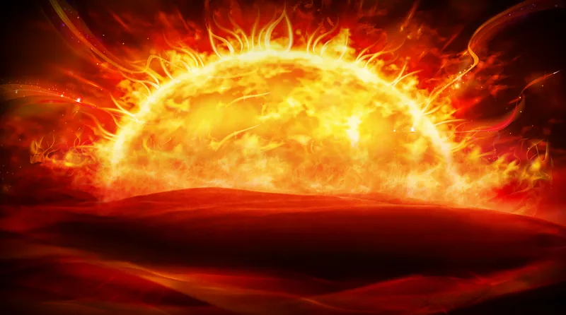 太陽神殿:一顆燃燒的巨大太陽從暗紅色沙丘後方升起