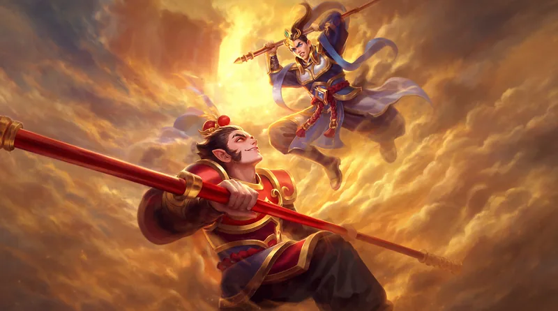 孫行者:紅金戰甲的孫悟空握著長棍,抬頭迎戰從上方躍下的銀甲二郎神