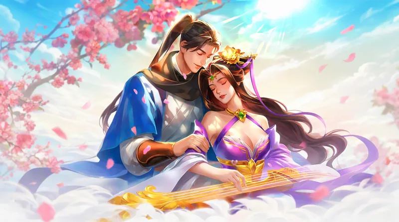 武俠:藍白長袍的俠客摟著閉眼的紫衣女子,背景是粉色花枝與晴空